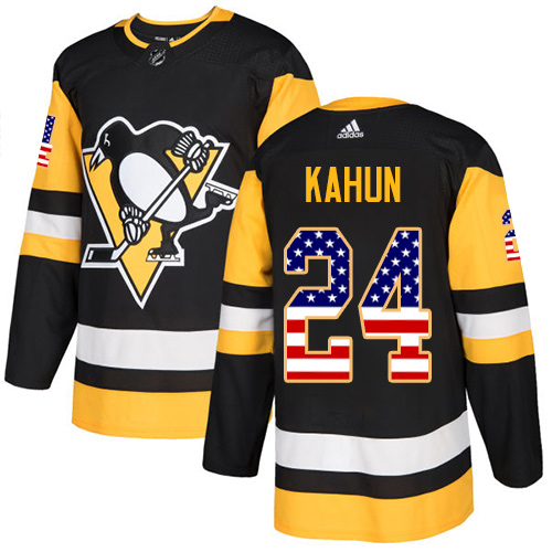 Adidas Pittsburgh Penguins 24 Dominik Kahun Black Home Authentic USA Flag Stitched Youth NHL Jersey